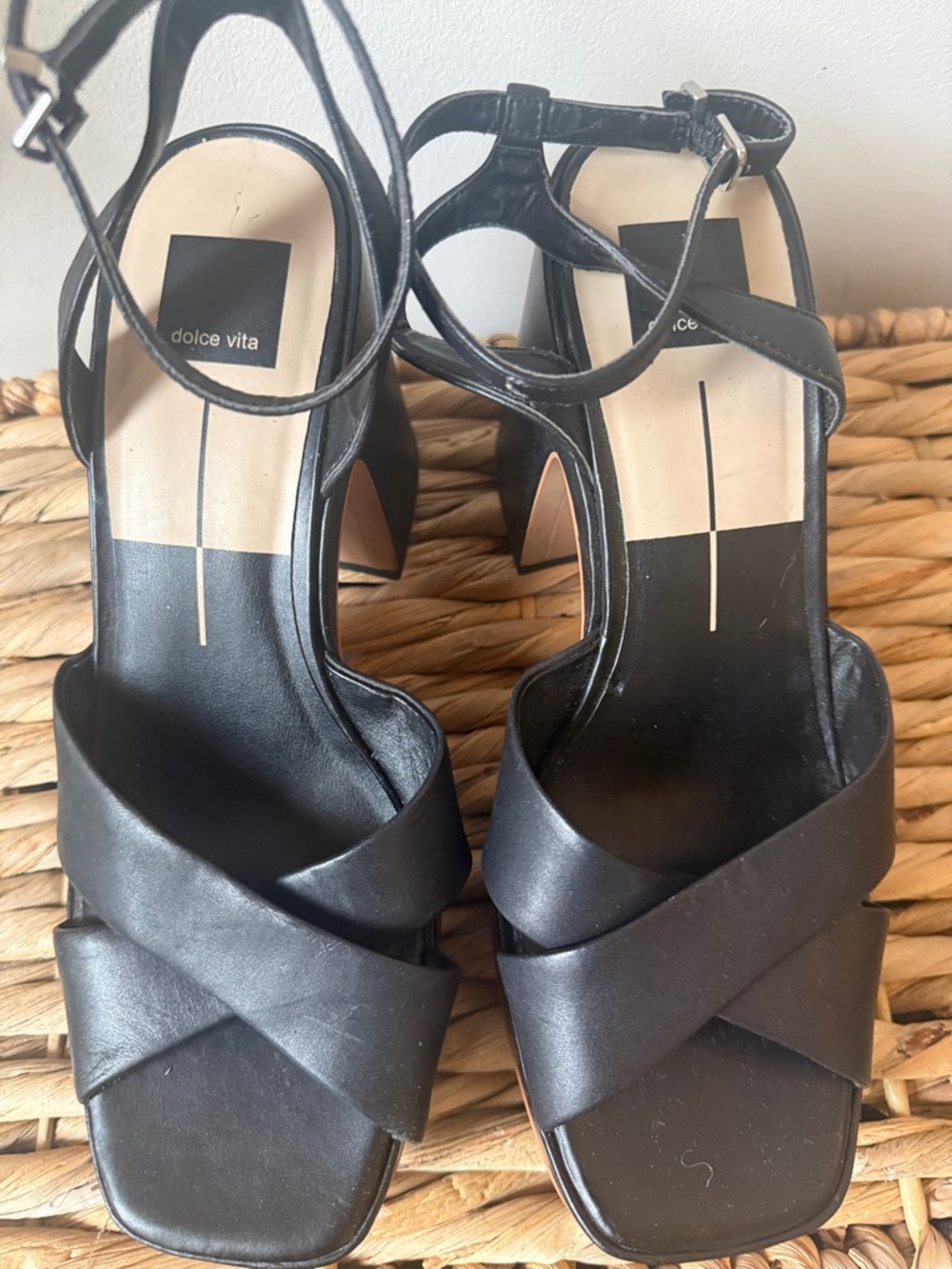 Dolce Vita Black Leather Crisscross Ankle Strap Block Heels